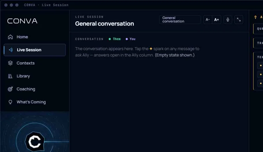 Conva live session with the speaker-attributed transcript and the Ally panel