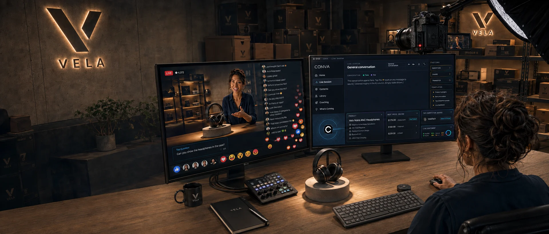 A live-commerce seller works in a production studio with an active audience display and Conva product intelligence