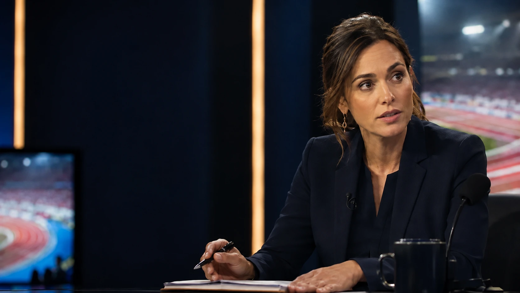 Live sports presenter on air, listening before she answers