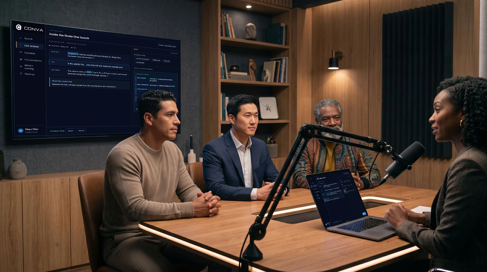 A live podcast recording: the host and three guests at the table, Conva's live session on the wall television and on the host's laptop